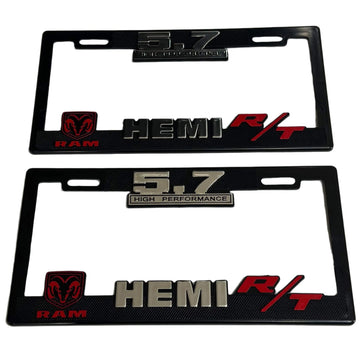 Pair of License Plate Frames for Dodge HEMI R/T 5.7 Heavy Duty Plastic 3D Logo