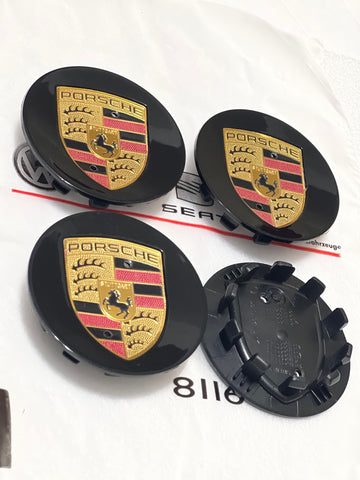 76mm Porsche Center Caps Concave Gloss Black Color Crest Set Of 4