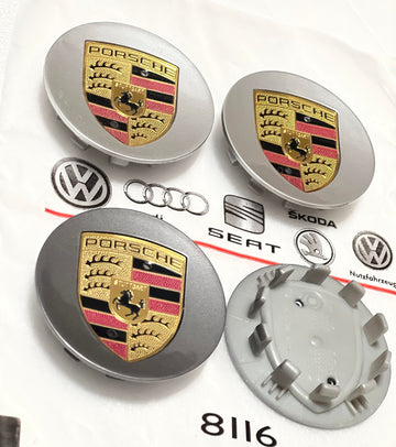 76mm Porsche Center Caps Concave Gloss Gray Color Crest Set Of 4
