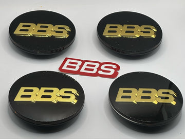BBS Genuine Wheel Center Caps 70mm Emblem Black Gold 3D Logo P5624080 Set 4pcs