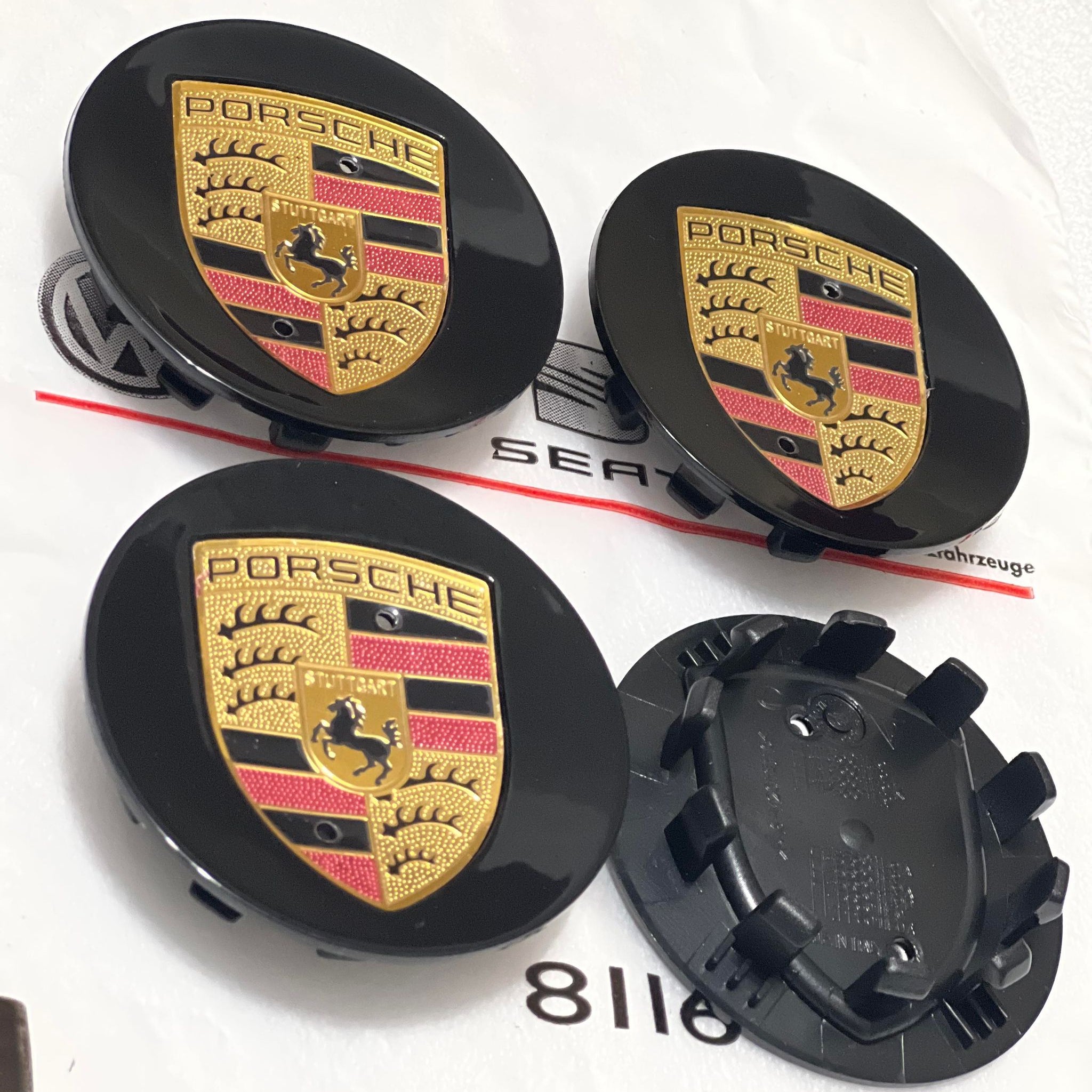 76mm Porsche Center Caps Concave Gloss Black Color Crest Set Of 4