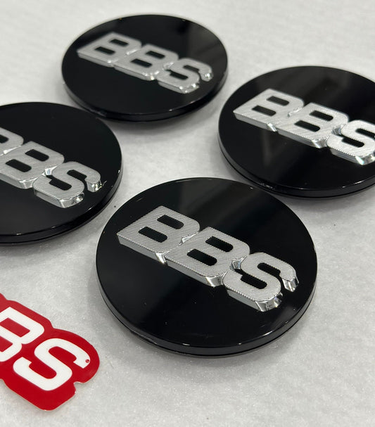 BBS Genuine Wheel Center Caps 70mm Emblem Black Silver 3D Logo P5624080 Set 4pcs