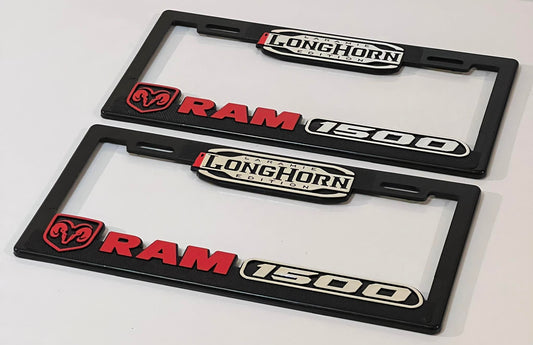 Pair of License Plate Frames for Dodge RAM 1500 Longhorn Heavy Duty Plastic 3D Logo