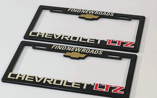 Pair of CHEVROLET LTZ License Plate Frames 3D Logo Heavy Duty Plastic ''FIND NEW ROADS''