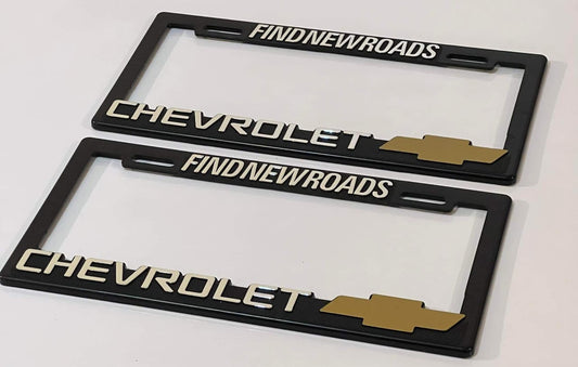 Pair of Chevrolet ''FIND NEW ROADS'' License Plate Frames 3D Logo