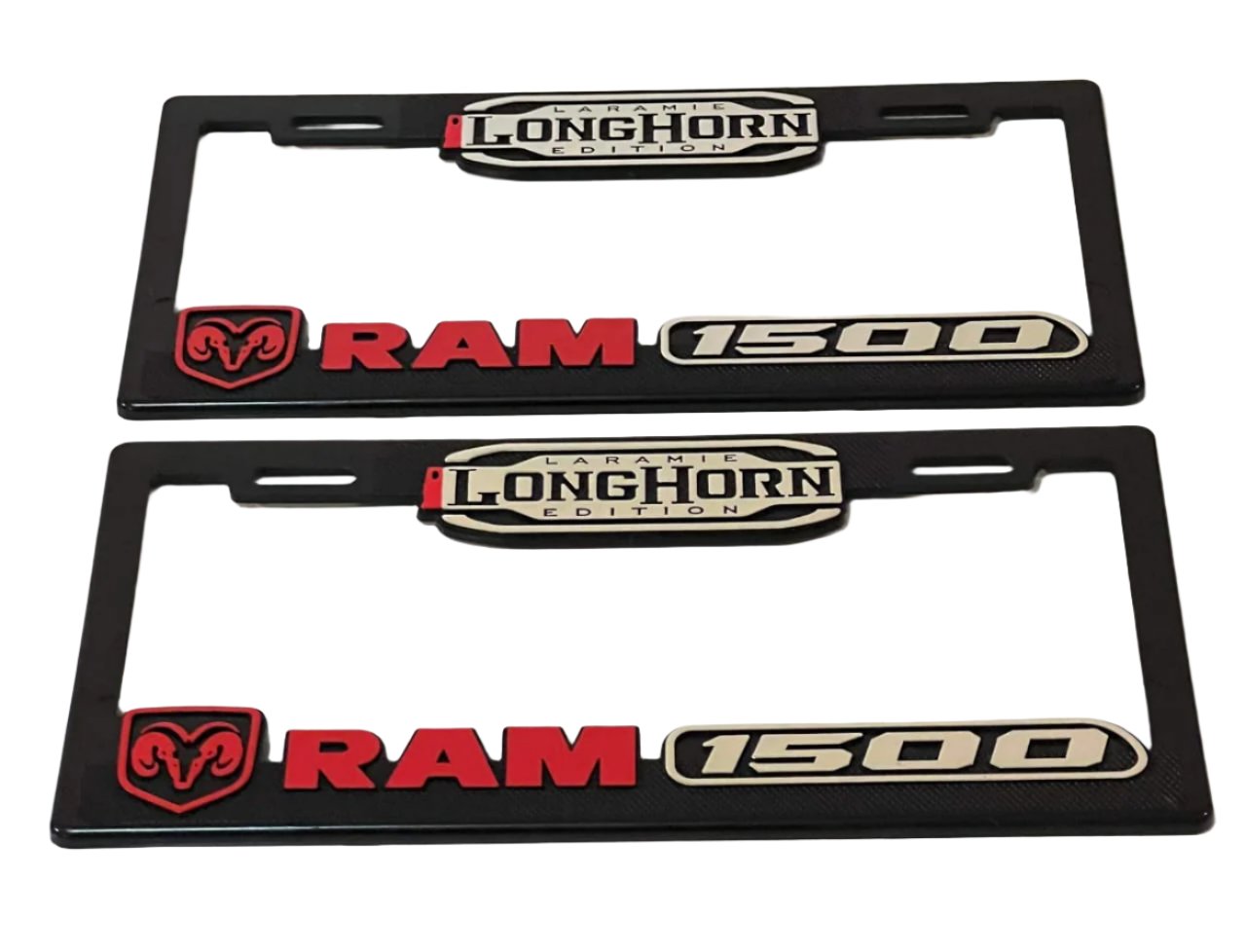 Pair of License Plate Frames for Dodge RAM 1500 Longhorn Heavy Duty Plastic 3D Logo