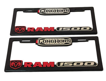 Pair of License Plate Frames for Dodge RAM 1500 Longhorn Heavy Duty Plastic 3D Logo